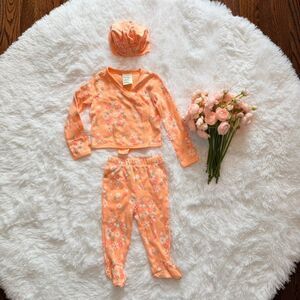 Floral Baby Outfit Set 3 Piece Orange Top + Pants + Hat 6-9M